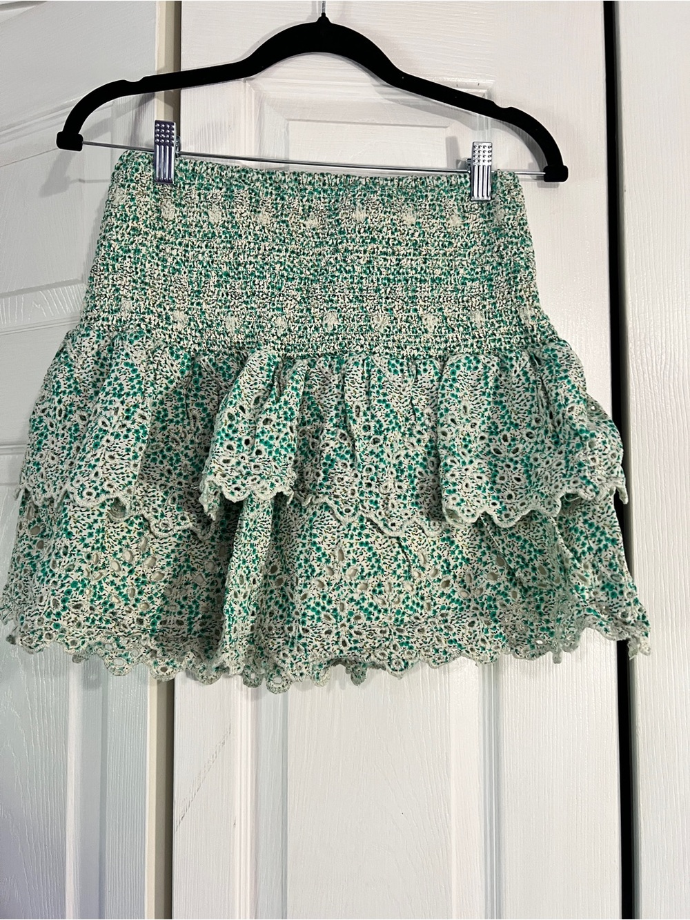Tiered Lace Mini Skirt in Green and Cream